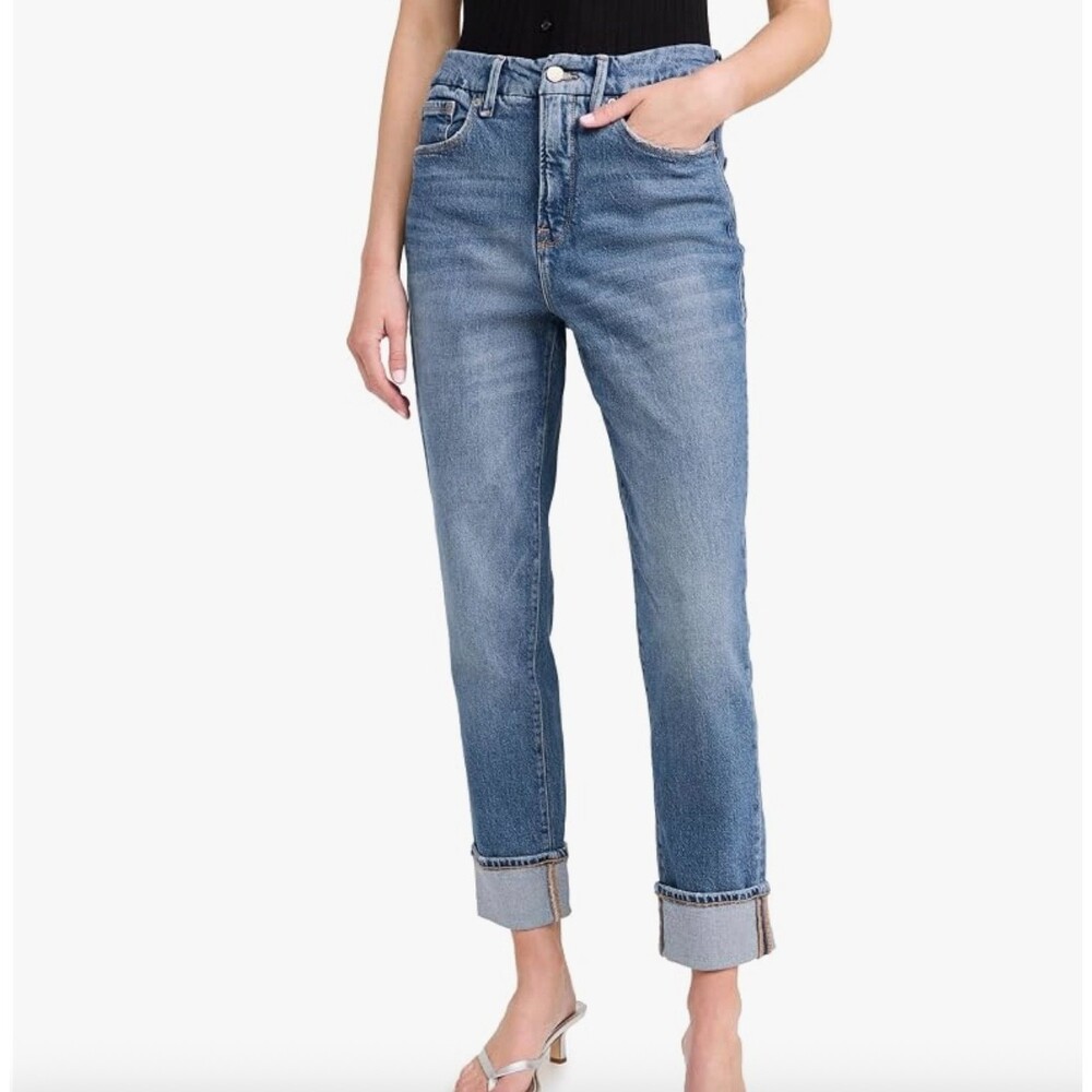 Good American The Weekender Cuffed Jeans Size 0/25 High Rise Relaxed Blue